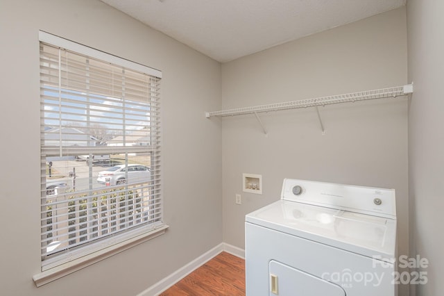 laundry room featuring washer / dryer, hardwood / wood-style floors, and a textured ceiling