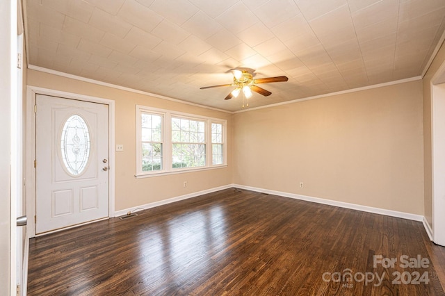 entryway with ceiling fan, dark hardwood / wood-style flooring, and ornamental molding