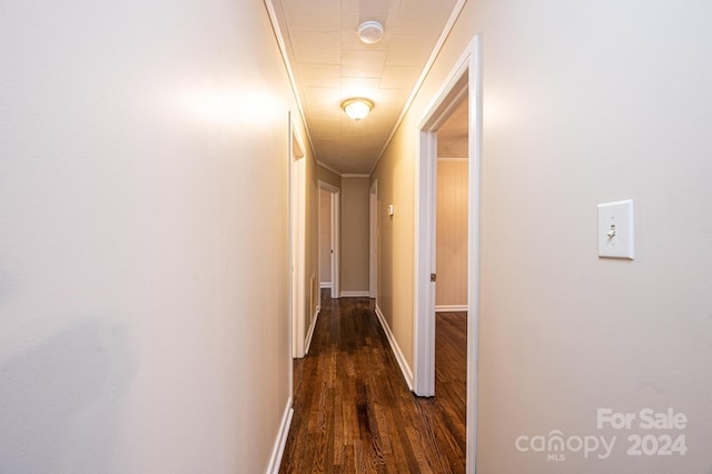 hall with dark hardwood / wood-style floors and crown molding