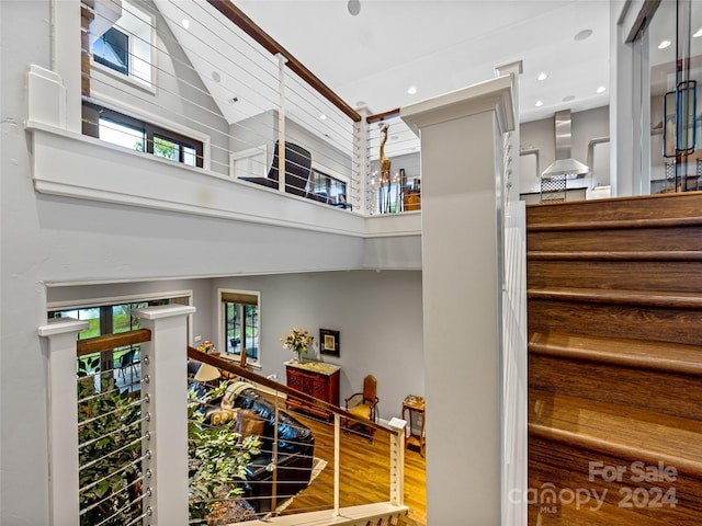 22 Foxbridge Way, Arden, NC 28704 - stairs with a high ceiling, wood finished floors, and recessed lighting