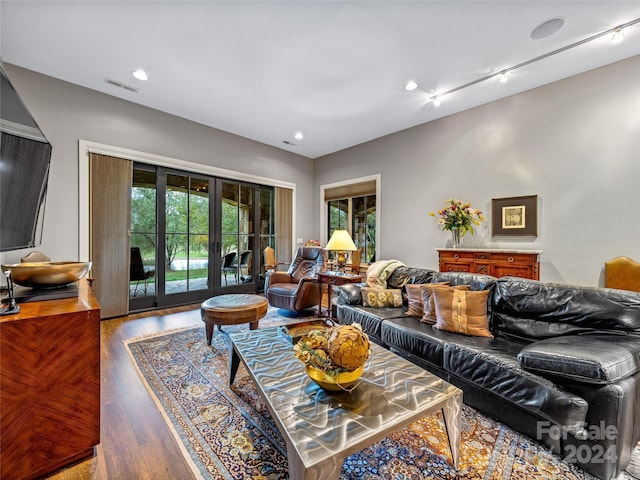 22 Foxbridge Way, Arden, NC 28704 - living area featuring plenty of natural light, wood finished floors, french doors, recessed lighting, and rail lighting