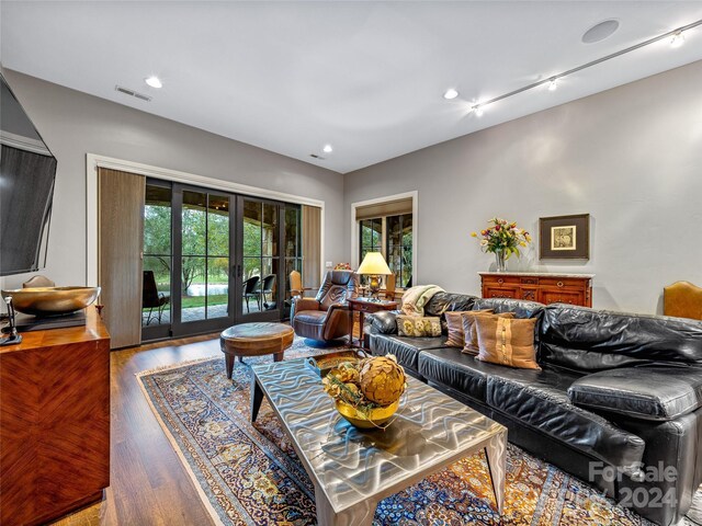 22 Foxbridge Way, Arden, NC 28704 - living area featuring plenty of natural light, wood finished floors, french doors, recessed lighting, and rail lighting