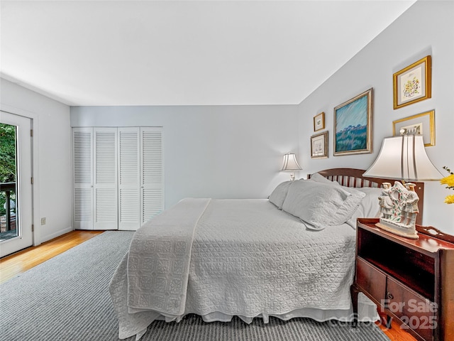 bedroom with access to outside, a closet, and hardwood / wood-style floors