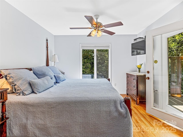 bedroom with ceiling fan and wood-type flooring