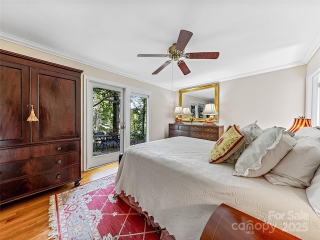 bedroom with ceiling fan, access to exterior, ornamental molding, and light wood-type flooring