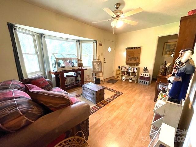 living room featuring ceiling fan and wood-type flooring