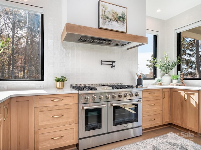 kitchen featuring double oven range, a wealth of natural light, premium range hood, and tasteful backsplash