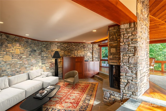 tiled living room with a fireplace