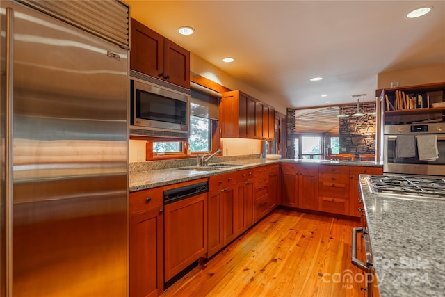 kitchen with built in appliances, light hardwood / wood-style flooring, a healthy amount of sunlight, and sink