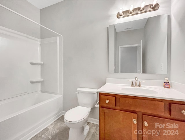 full bathroom with visible vents, baseboards, toilet, tub / shower combination, and vanity