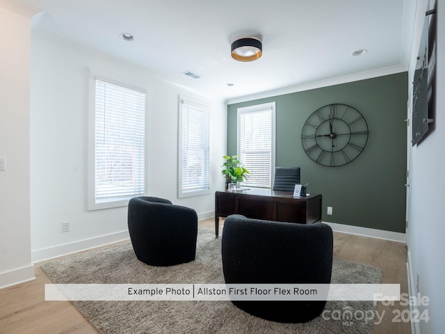 home office with a healthy amount of sunlight, crown molding, and light hardwood / wood-style flooring