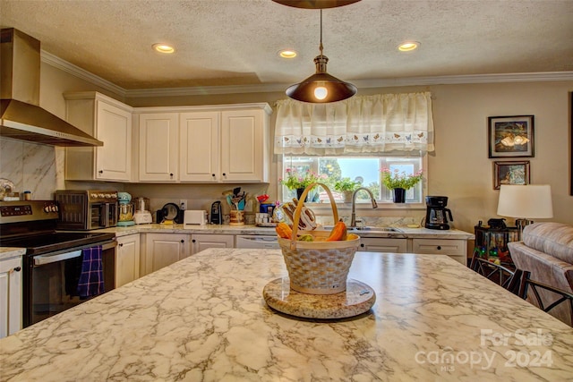 kitchen with crown molding, sink, electric range, and wall chimney range hood