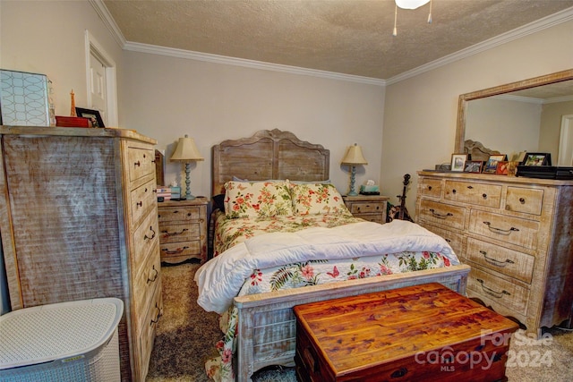 carpeted bedroom featuring a textured ceiling and ornamental molding