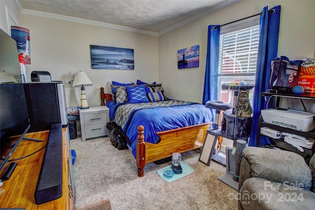 bedroom featuring a textured ceiling, crown molding, and light colored carpet