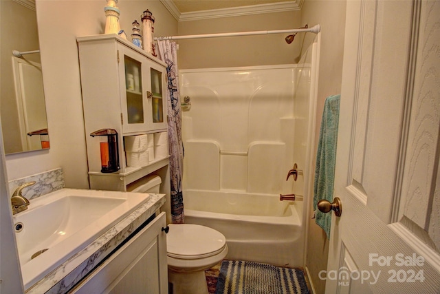 full bathroom with shower / bath combination with curtain, toilet, ornamental molding, and vanity