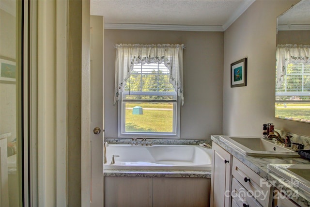 bathroom featuring crown molding, plenty of natural light, a bath, and vanity