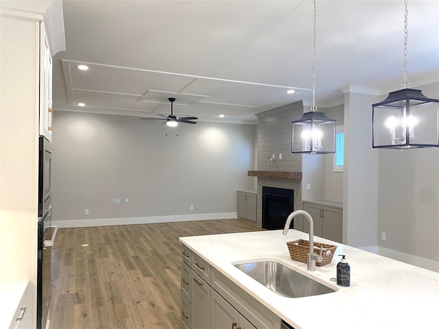 kitchen with white cabinetry, sink, hanging light fixtures, and light hardwood / wood-style flooring