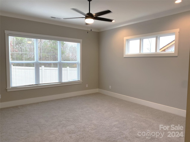 spare room featuring carpet floors, crown molding, and ceiling fan