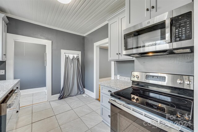 kitchen featuring crown molding, white cabinetry, light tile patterned floors, stainless steel appliances, and wooden ceiling