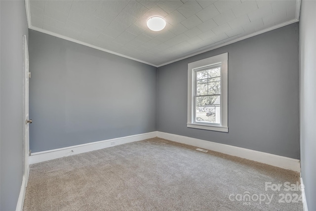 carpeted spare room featuring ornamental molding