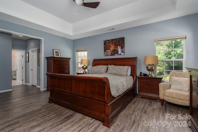 bedroom with a raised ceiling, ceiling fan, dark hardwood / wood-style floors, connected bathroom, and multiple windows