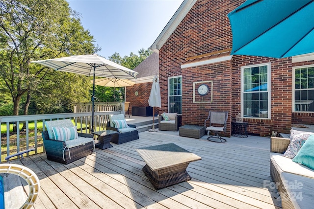 wooden deck featuring an outdoor living space