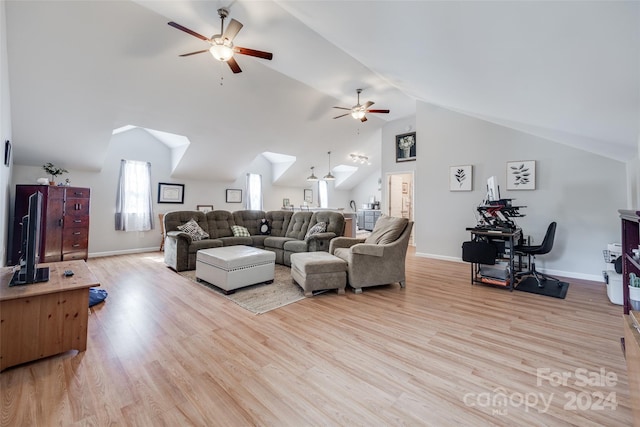 living room with light wood-type flooring, lofted ceiling, and ceiling fan