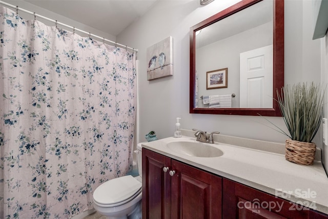 bathroom with vanity, toilet, and a shower with shower curtain