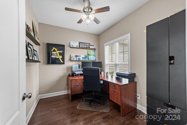 office area featuring ceiling fan and dark hardwood / wood-style flooring