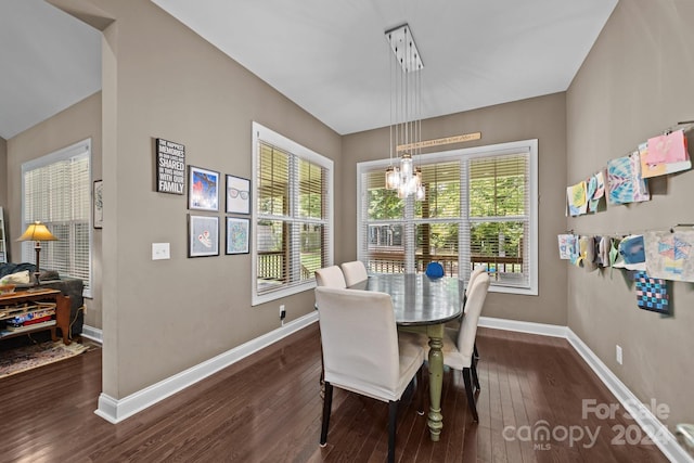 dining area featuring a wealth of natural light, dark hardwood / wood-style flooring, and a notable chandelier