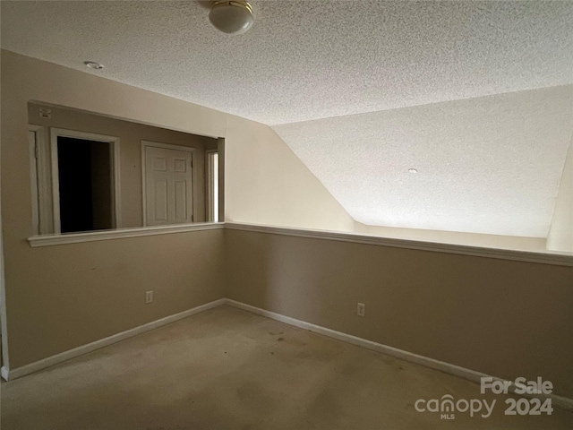 additional living space with a textured ceiling, vaulted ceiling, and light carpet