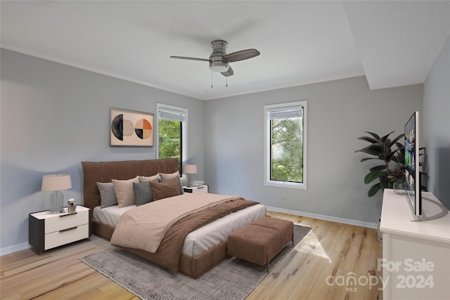 bedroom with multiple windows, ceiling fan, light hardwood / wood-style floors, and crown molding