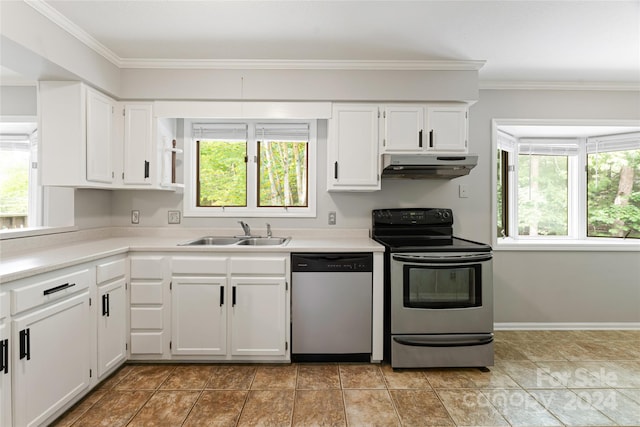 kitchen with white cabinets, appliances with stainless steel finishes, crown molding, and sink