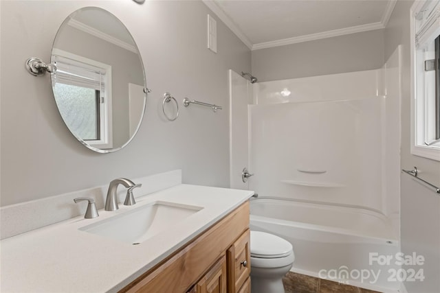 full bathroom featuring crown molding, vanity, toilet, and shower / bathtub combination