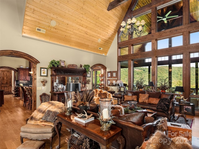 living room featuring wood ceiling, ceiling fan, high vaulted ceiling, and hardwood / wood-style flooring