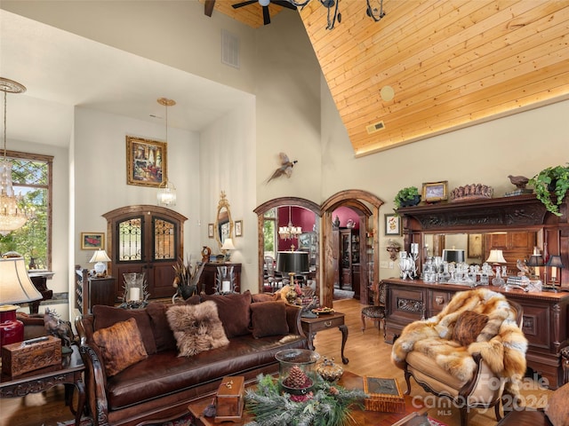 living room with high vaulted ceiling, wood ceiling, ceiling fan, and hardwood / wood-style flooring