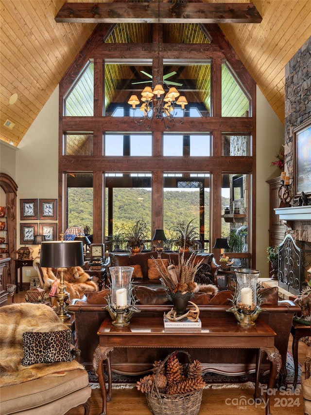 living room featuring hardwood / wood-style flooring, a fireplace, high vaulted ceiling, and wooden ceiling