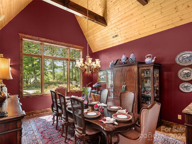 dining area featuring wood ceiling, high vaulted ceiling, beamed ceiling, and a notable chandelier