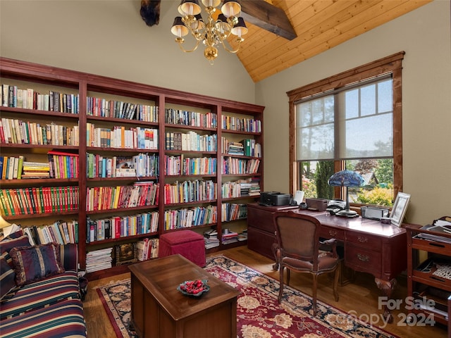 office space with wood ceiling, vaulted ceiling, hardwood / wood-style floors, and a chandelier