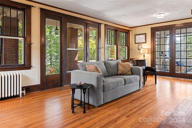 living room with a healthy amount of sunlight, crown molding, radiator, wood finished floors, and french doors