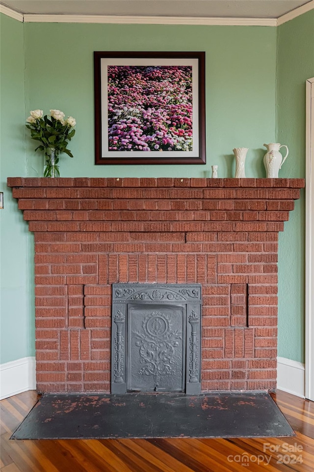 room details featuring wood finished floors, a fireplace, ornamental molding, and baseboards