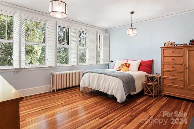 bedroom featuring ornamental molding, light wood-type flooring, radiator heating unit, and multiple windows