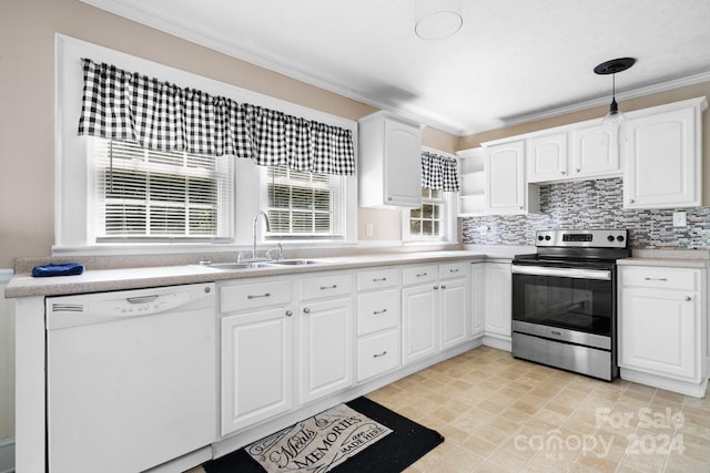 kitchen featuring white cabinetry, pendant lighting, stainless steel electric range oven, and white dishwasher