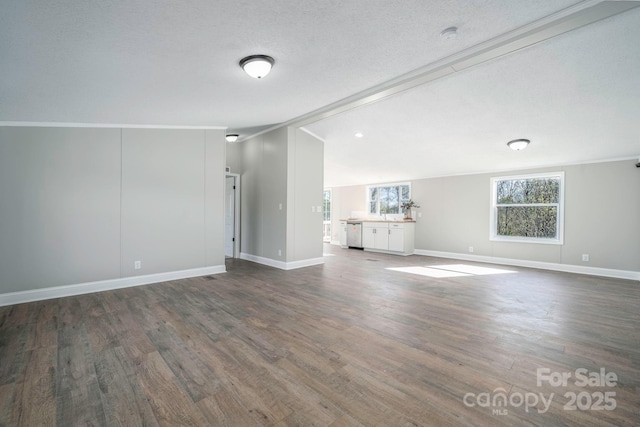 unfurnished living room featuring dark wood-type flooring, a textured ceiling, and ornamental molding