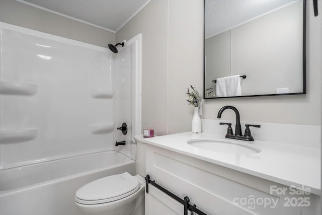 full bathroom with shower / tub combination, vanity, a textured ceiling, and toilet