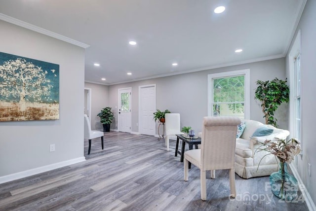 living area featuring crown molding, plenty of natural light, and wood-type flooring