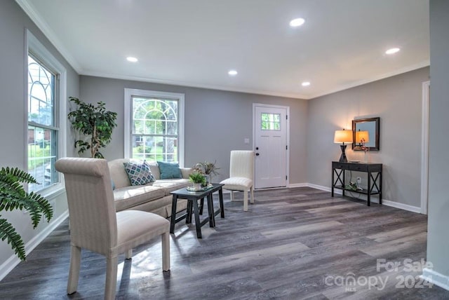 living area featuring plenty of natural light, ornamental molding, and dark wood-type flooring