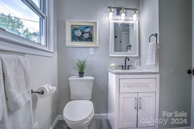 bathroom with vanity, toilet, and hardwood / wood-style flooring