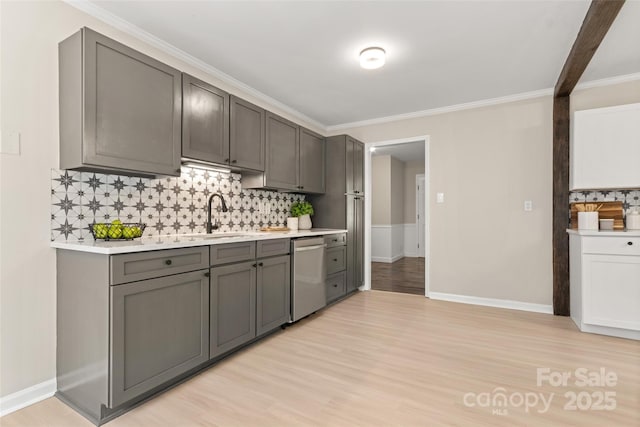 kitchen with sink, gray cabinets, backsplash, stainless steel dishwasher, and light wood-type flooring