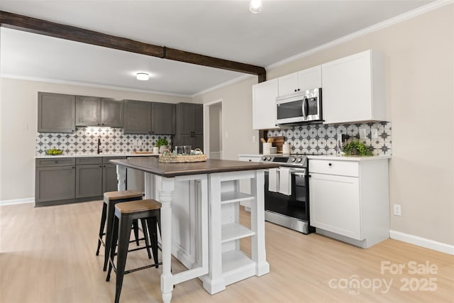 kitchen featuring stainless steel appliances, light wood-type flooring, decorative backsplash, and white cabinets